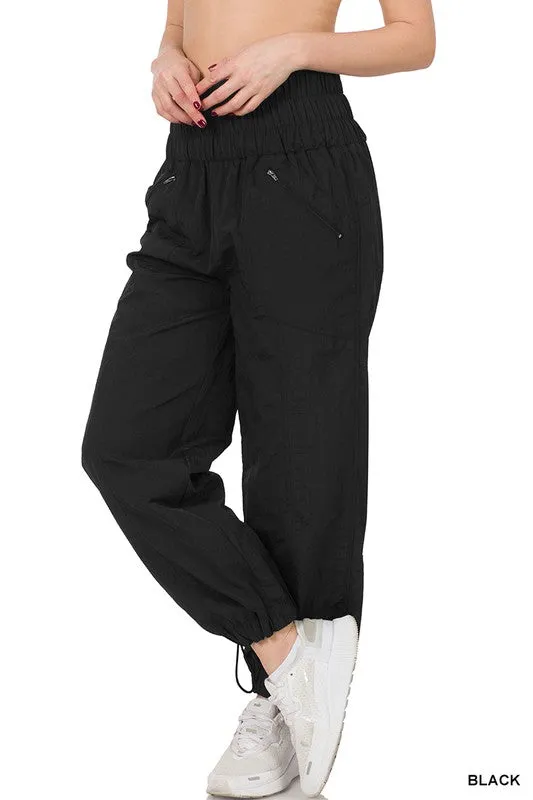 Windbreaker Smocked High Waistband Jogger Pants - Zenana