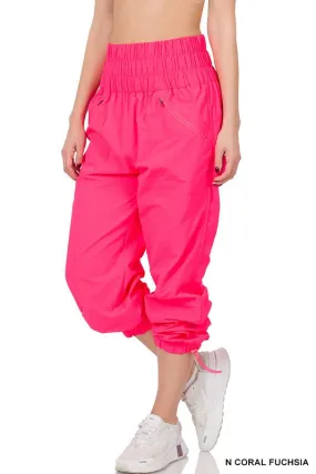 Windbreaker Smocked High Waistband Jogger Pants - Zenana