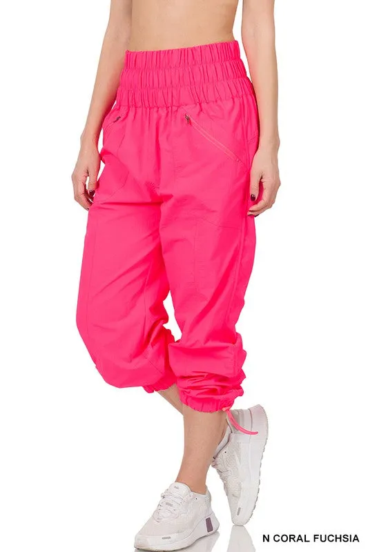 Windbreaker Smocked High Waistband Jogger Pants - Zenana