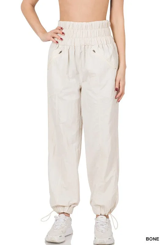 Windbreaker Smocked High Waistband Jogger Pants - Zenana