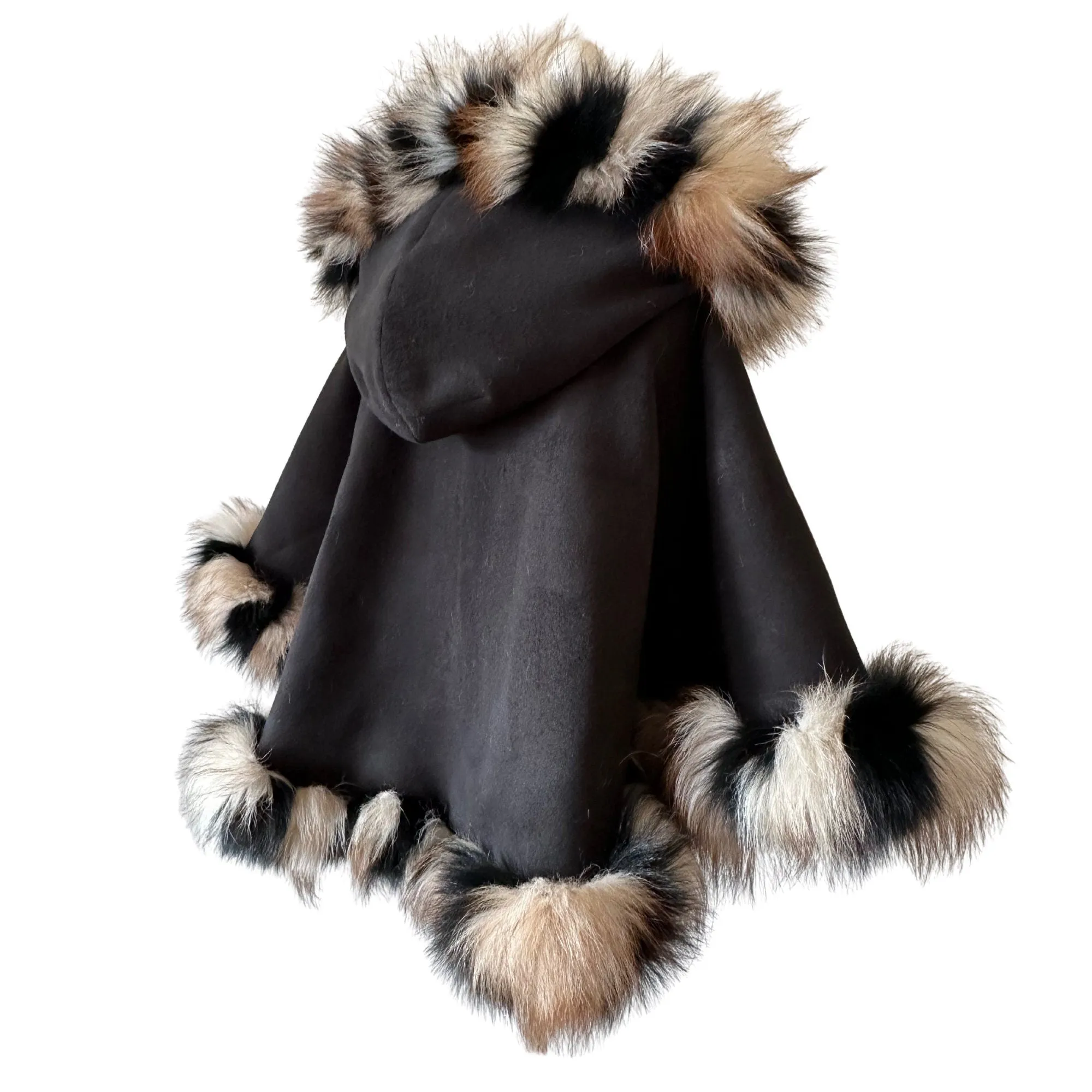 Women Black Cape short with hood trim arctic fox fur