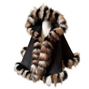 Women Black Cape short with hood trim arctic fox fur