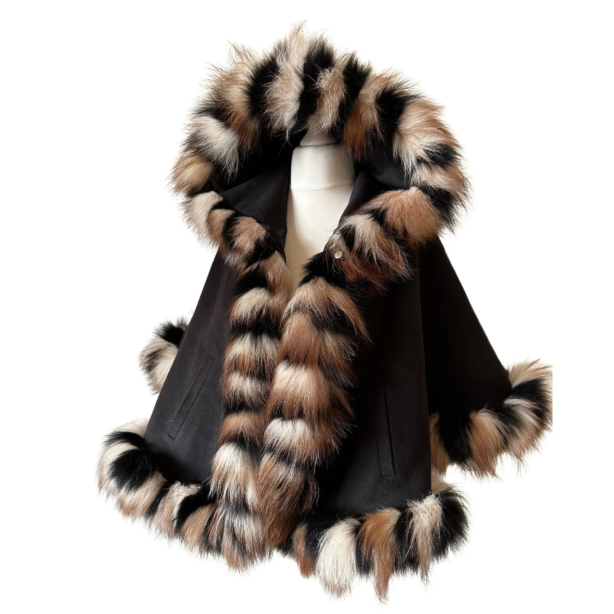 Women Black Cape short with hood trim arctic fox fur