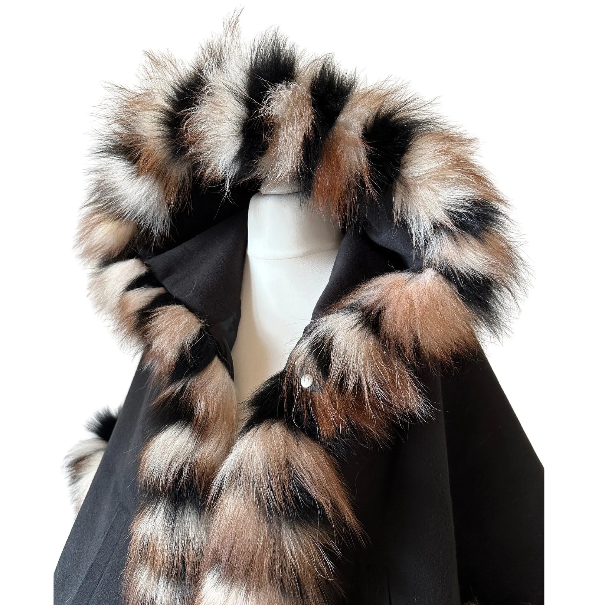 Women Black Cape short with hood trim arctic fox fur