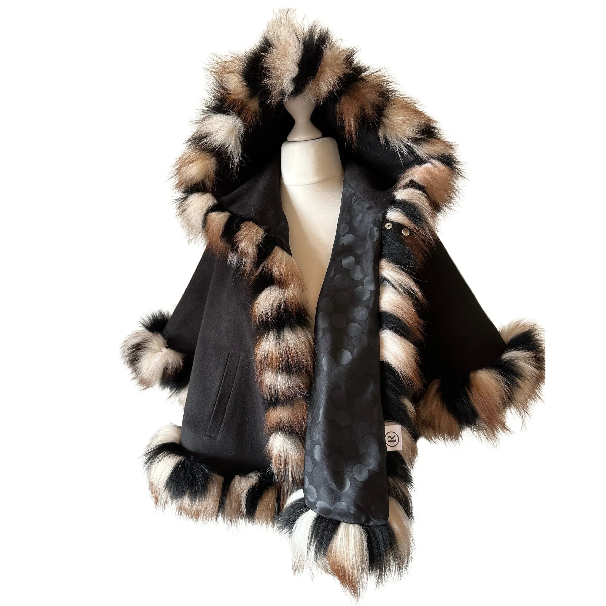 Women Black Cape short with hood trim arctic fox fur