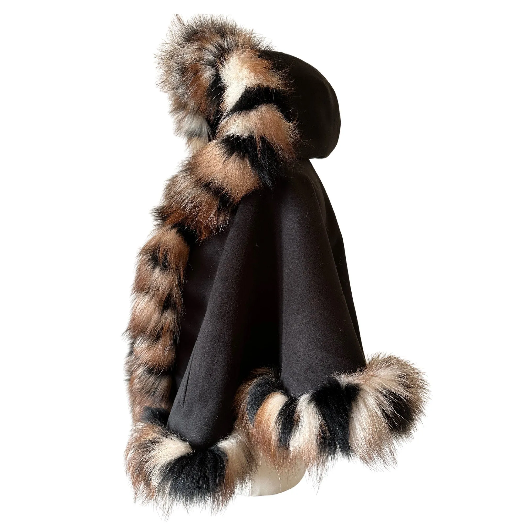 Women Black Cape short with hood trim arctic fox fur