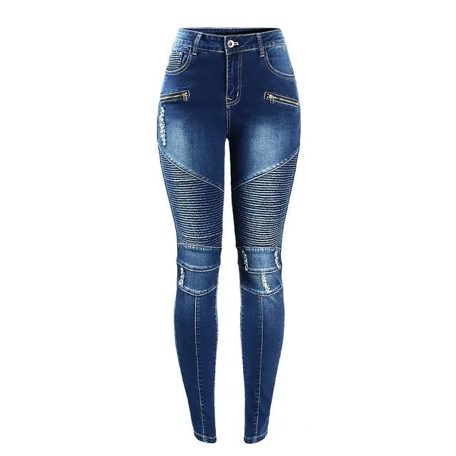 Women`s Jeans Motorcycle Biker Zip Mid High Waist Stretch Denim Skinny Pants