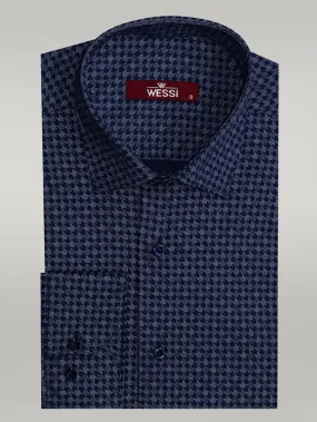 WSS Houndstooth Pattern Slim Fit Navy Blue Men Shirt  - Singen