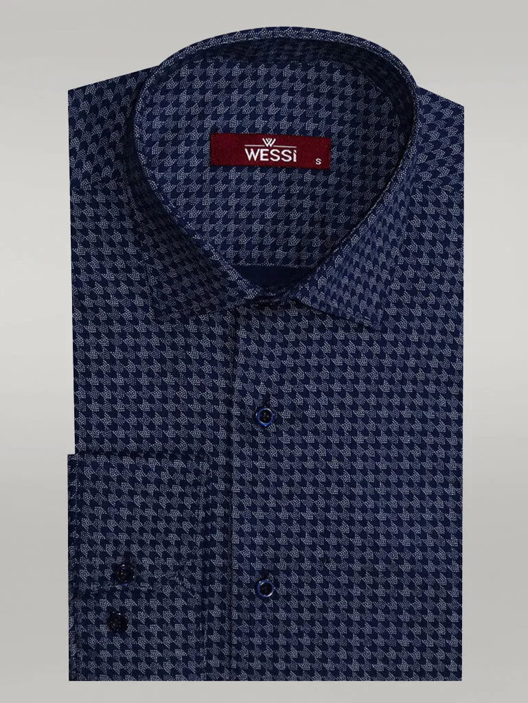 WSS Houndstooth Pattern Slim Fit Navy Blue Men Shirt  - Singen