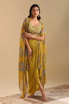 Yellow Eraya Embellished Drape Skirt Set With Cape
